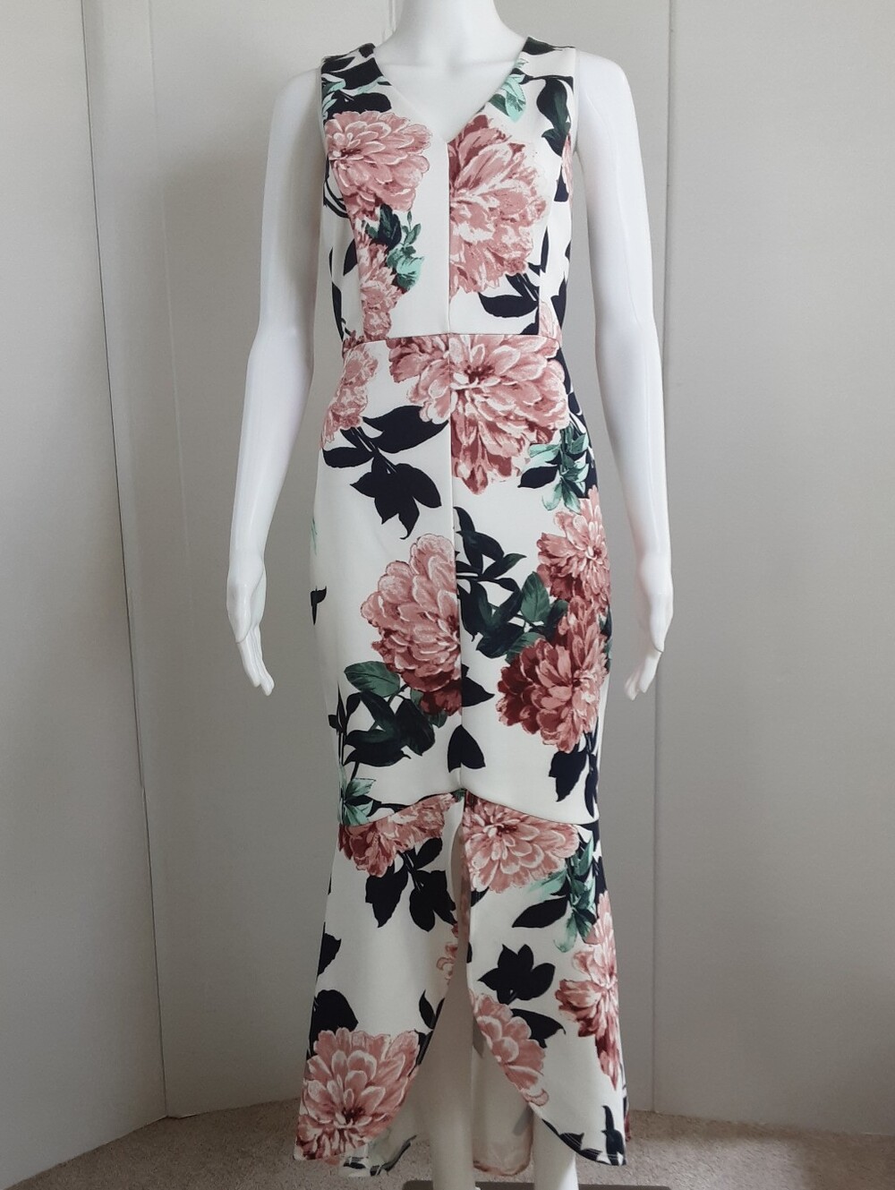 SWEET STORM Floral V-Neck Tulip Hem Front Slit Maxi Dress Sz L
